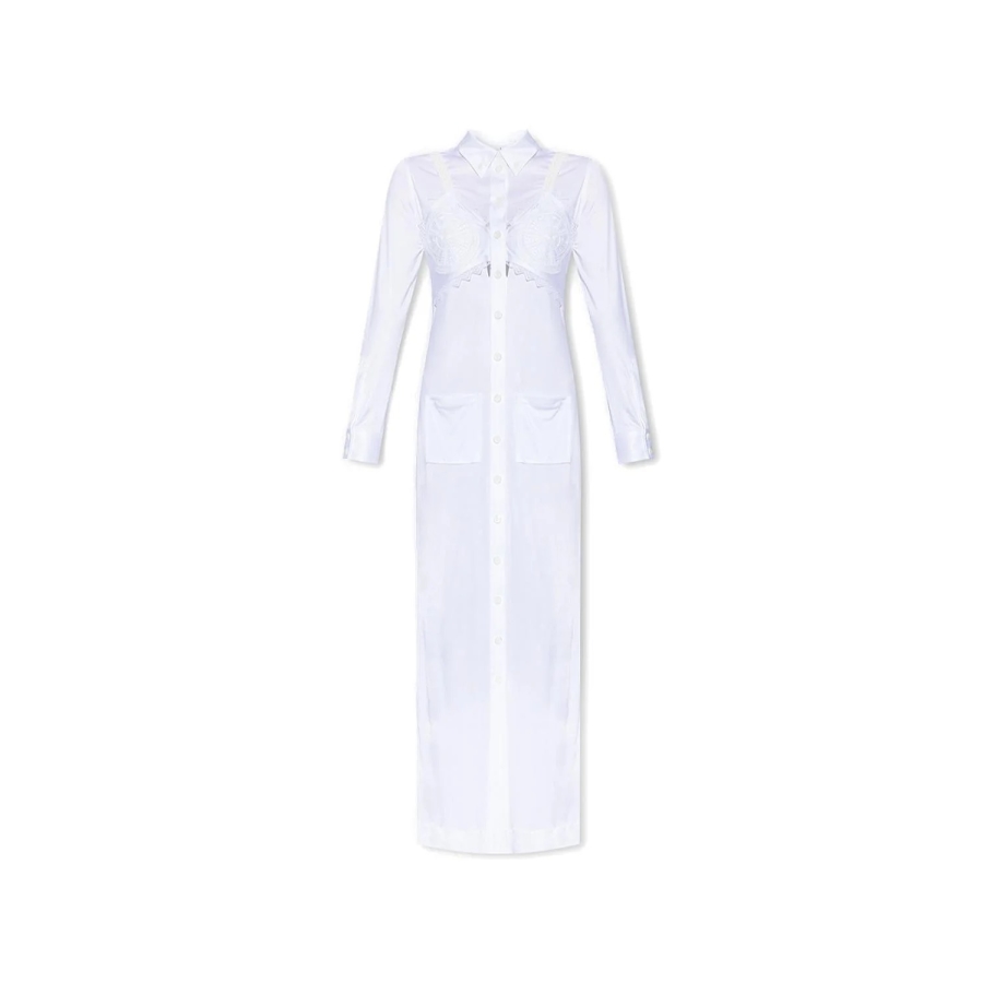 Long-Sleeved Button-Up Dress Openwork Inserts