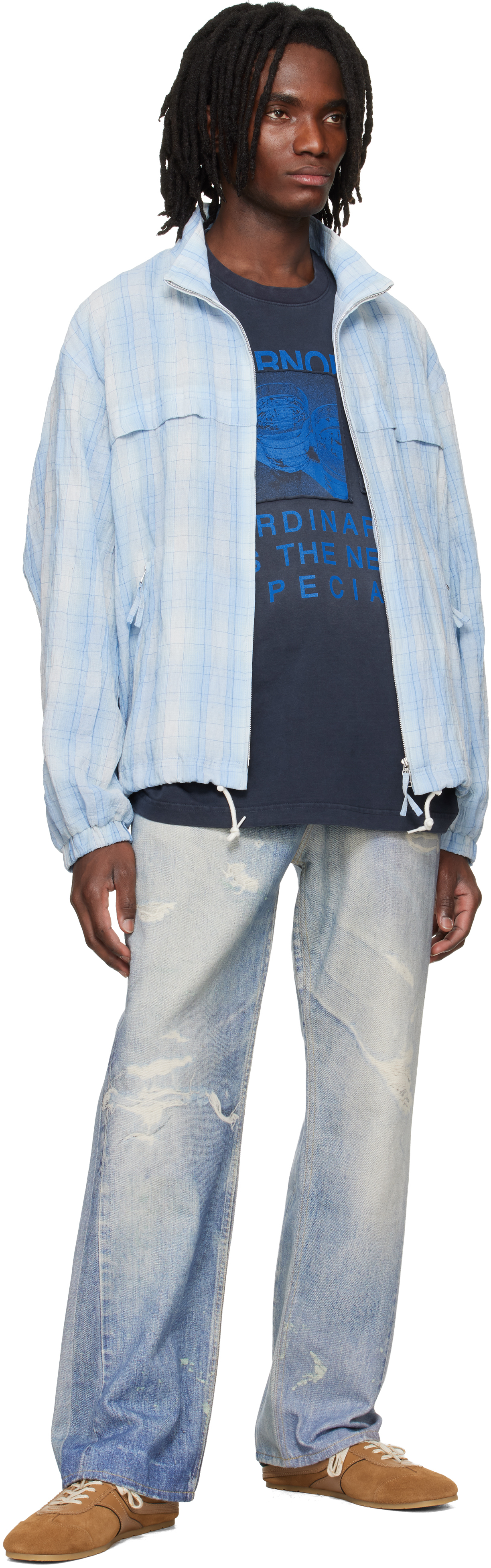 Blue High Neck Check Blouson Jacket