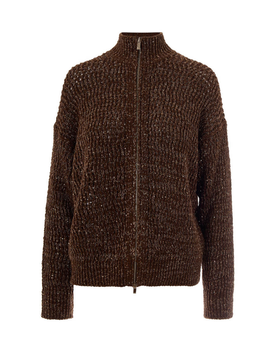 Brown Knitted Mock Collar Cardigan
