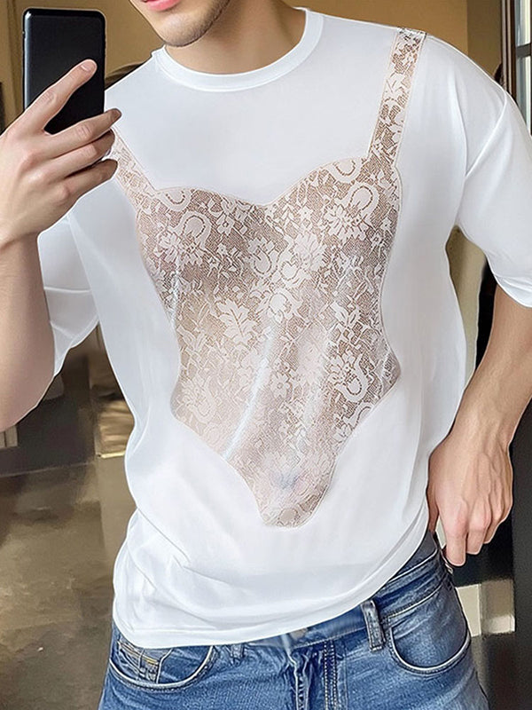 Mens Lace Patchwork Casual Short Sleeve T-Shirt SKUL13907 - White / S