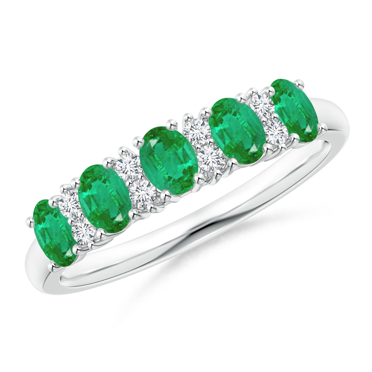 Angara 0.6 Carat Five Stone Emerald and Diamond Wedding Ring in 14K White Gold