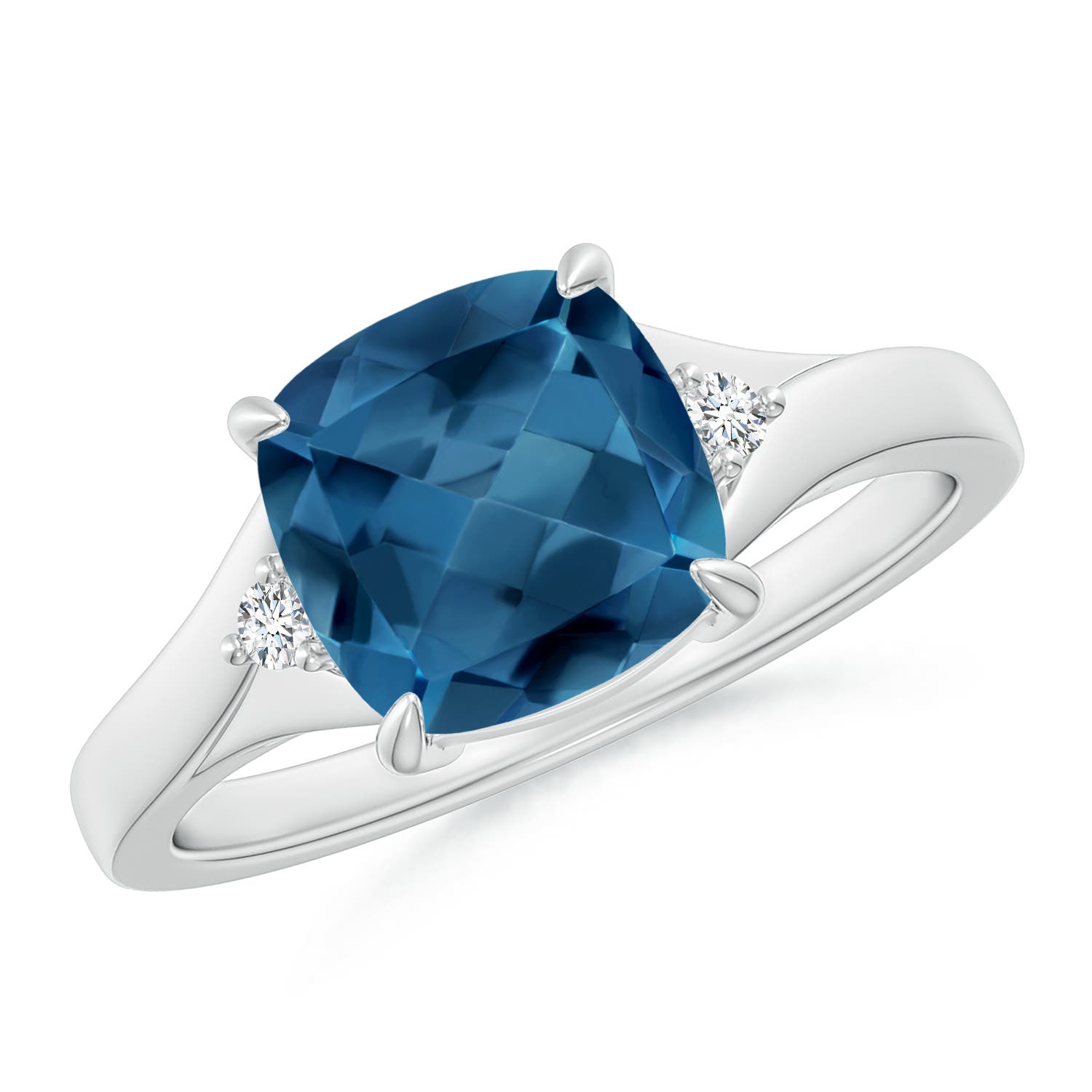 Angara 2.5 Carats Split Shank Cushion London Blue Topaz Solitaire Ring in Platinum