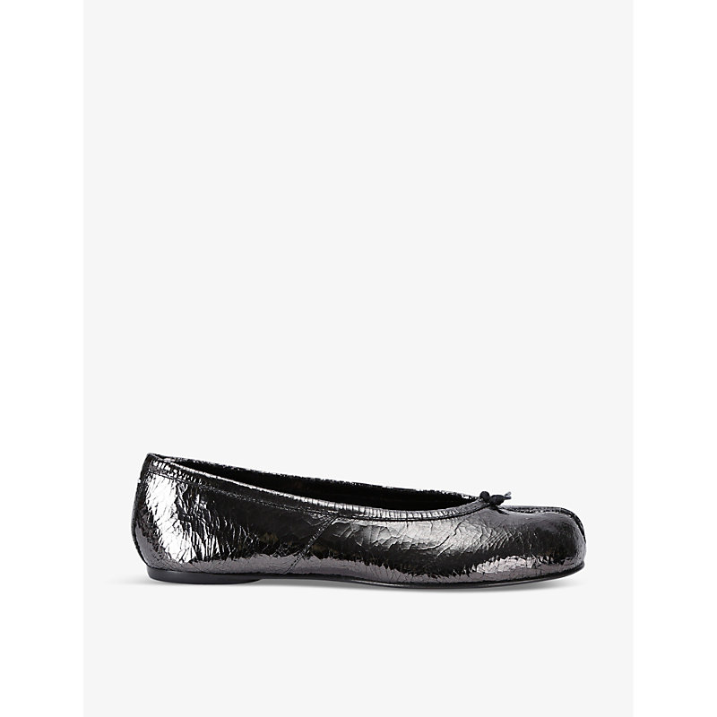 Womens Gunmetal Tabi Split-toe Patent-leather Ballet Flats