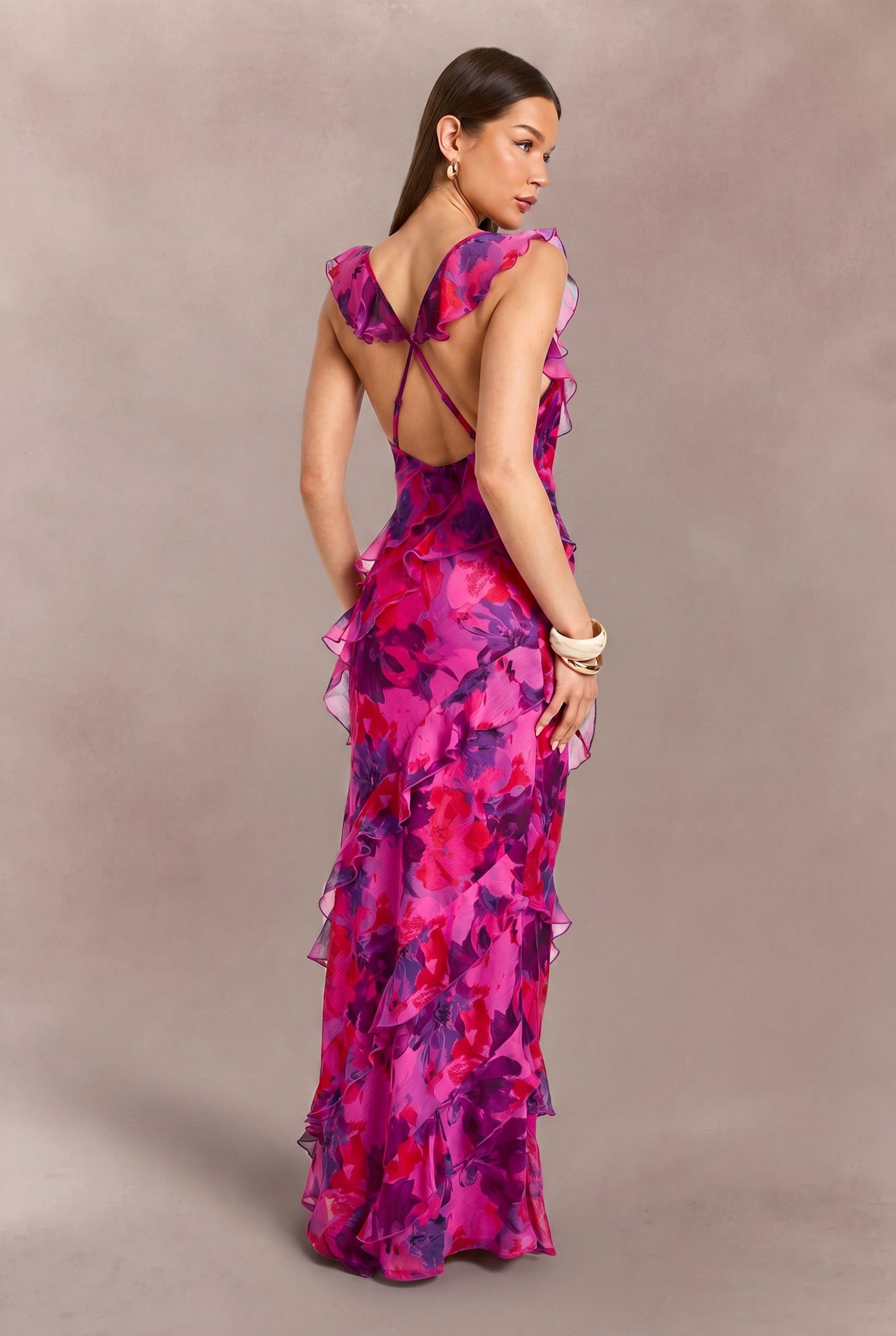Boohoo Womens Chiffon Ruffle Detail Backless Floral Maxi Dress - Pink