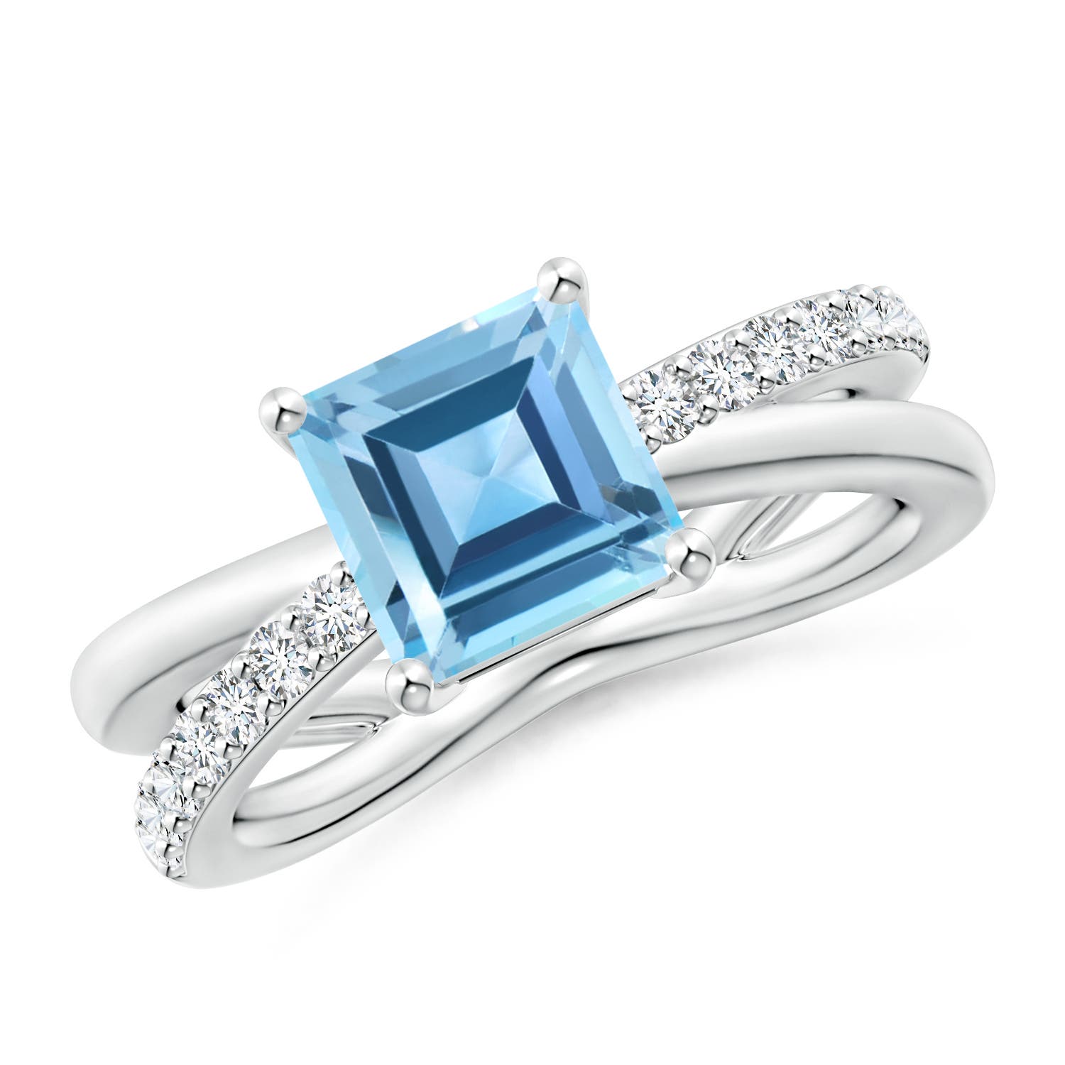 Angara 2.2 Carats Square Swiss Blue Topaz Crossover Shank Ring with Diamonds in Platinum