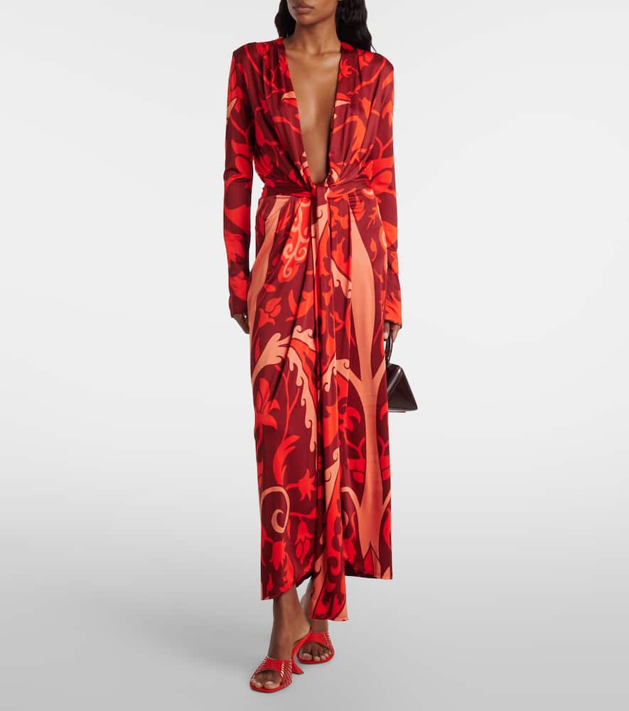 Gathered printed jersey midi dress