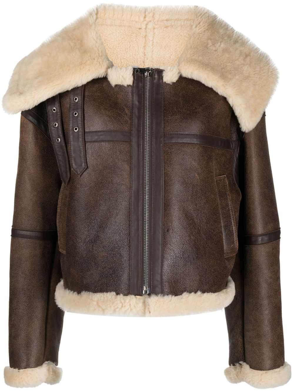 Zip-front shearling jacket - Brown