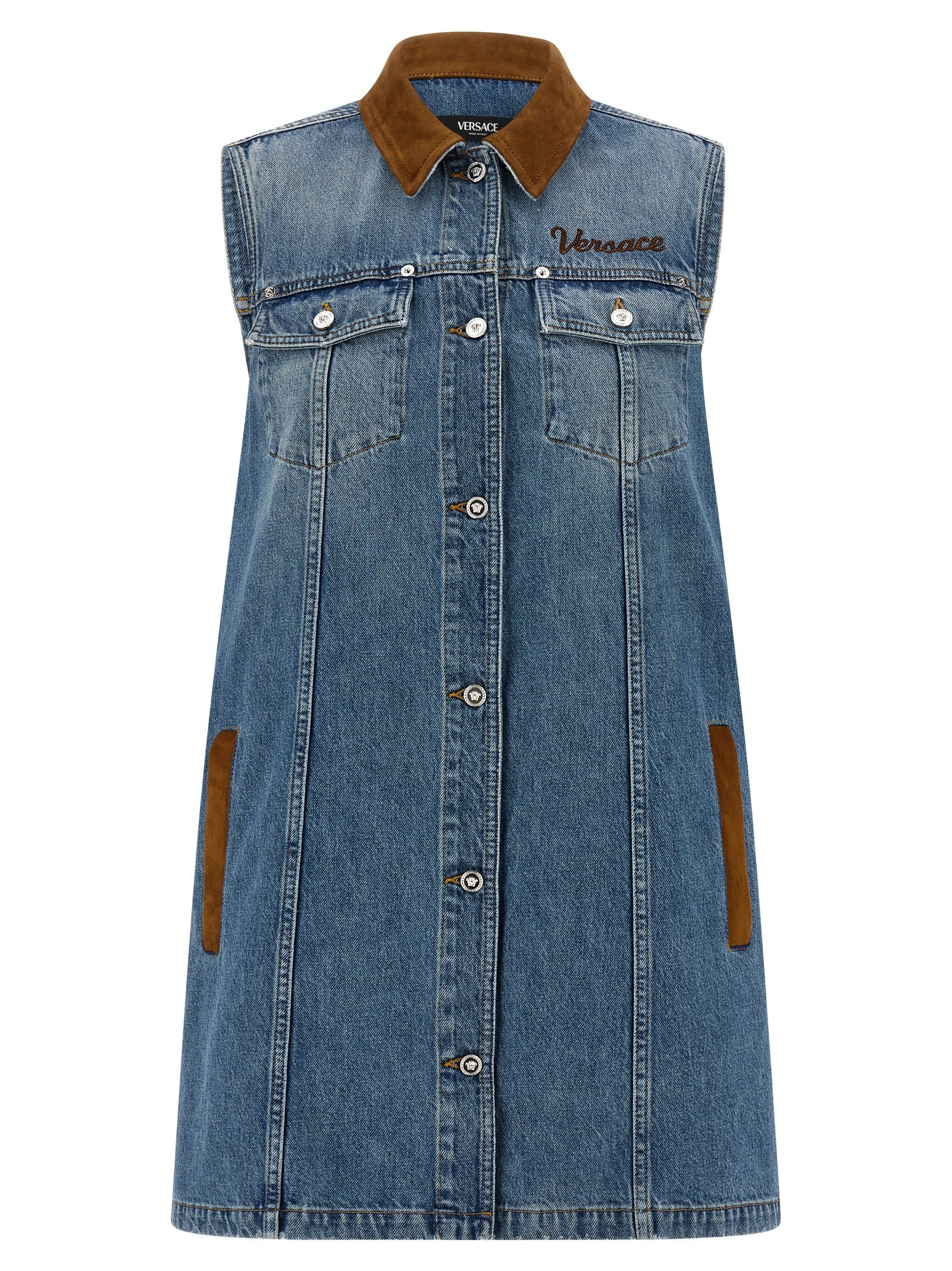 Suede-Trimmed Denim Dress — Blue