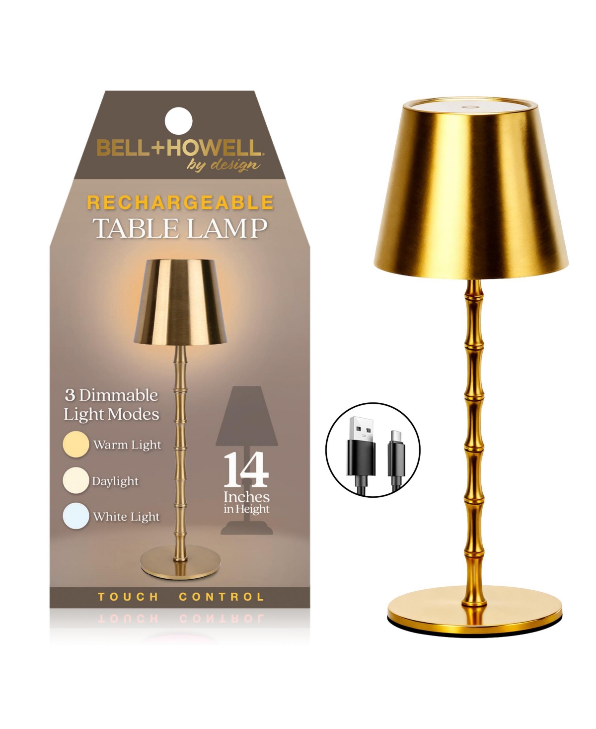Bamboo Rechargeable Touch Control Led Table Lamp Cordless Portable Dimmable Light - Gold