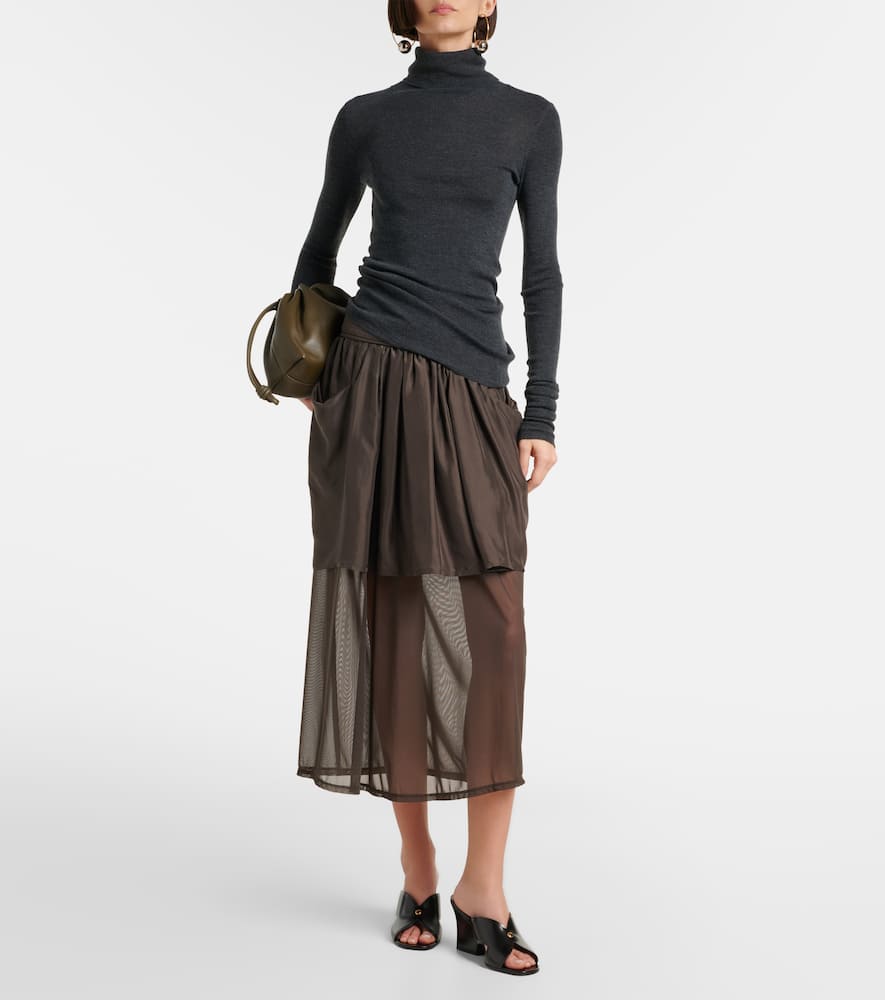 Draped semi-sheer silk midi skirt
