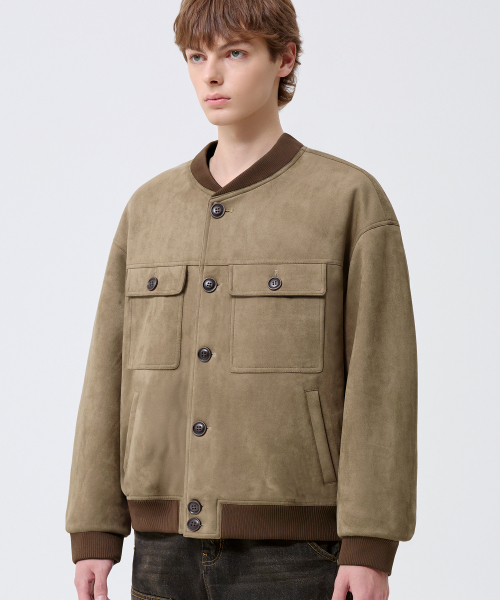 Two Pocket Button Suede Bomber Jacket_Beige