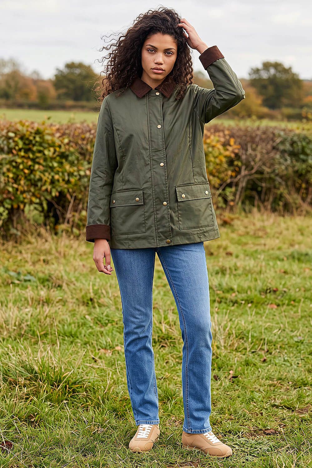 Roman Women's Petite Waxed Pocket Coat in Dark Green
