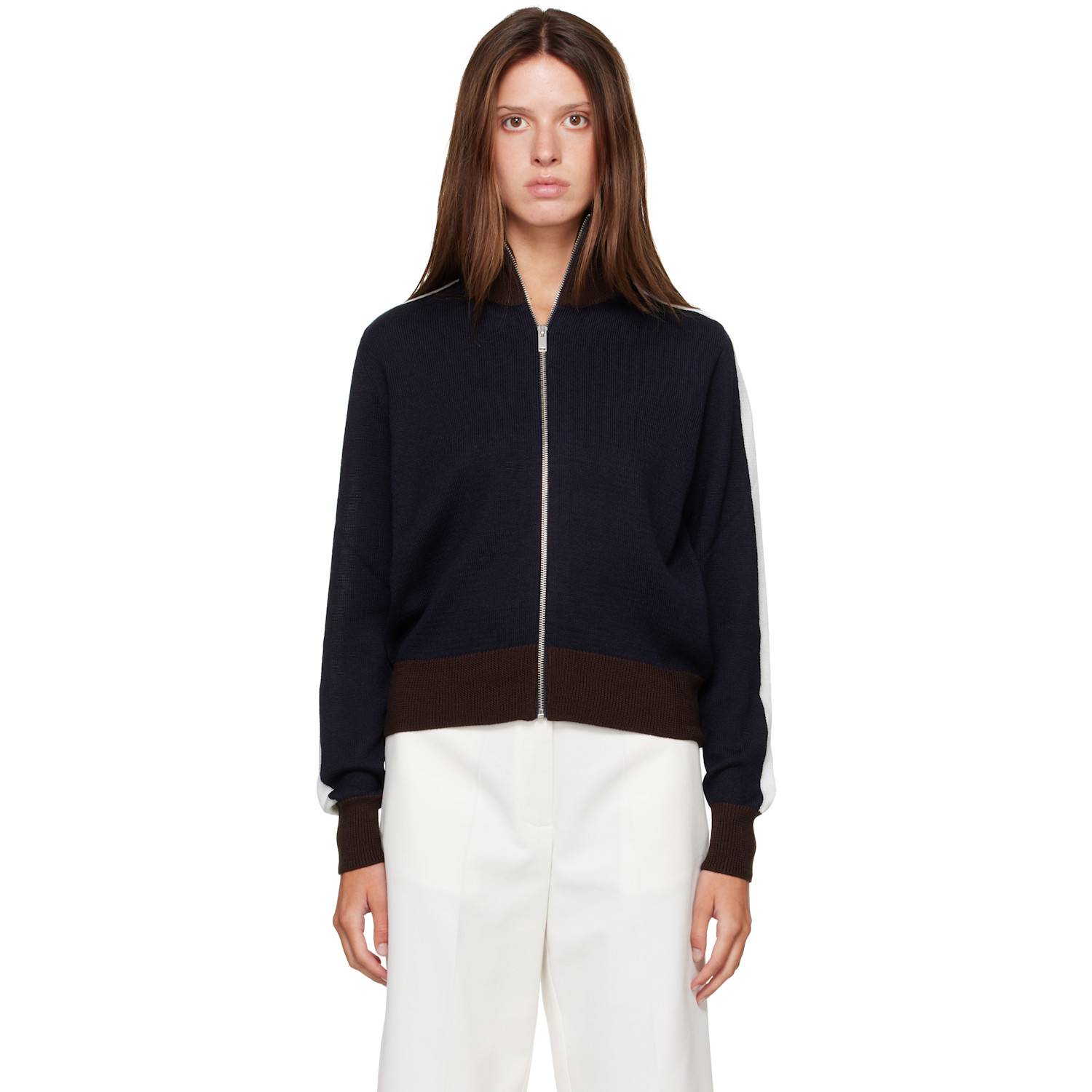 Navy & Brown Extrafine Merino Wool Sporty Cardigan