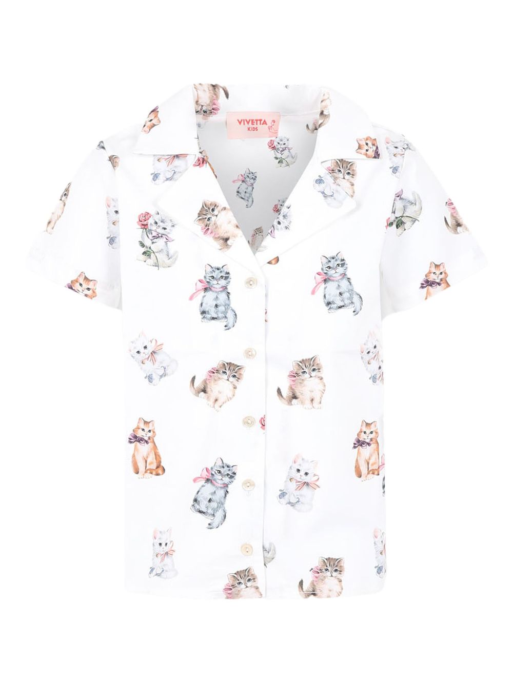 Kitten-print polo-collar shirt - White