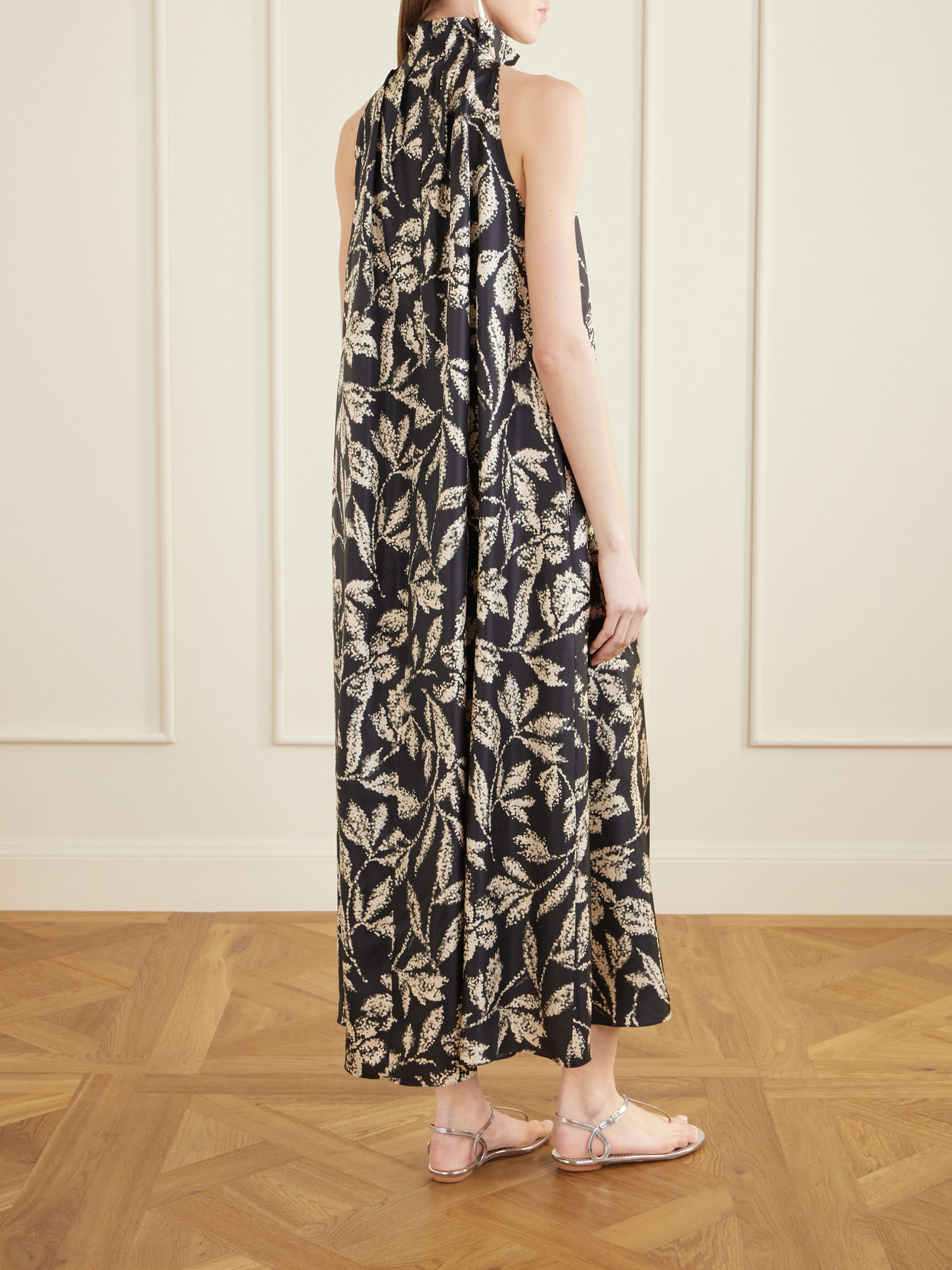 Printed Silk-twill Midi Dress - Black