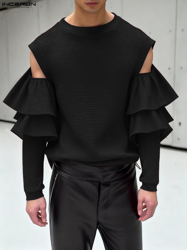Men's Cutout Design Ruffle Long Sleeve T-shirt SKUL46571 - Black / S