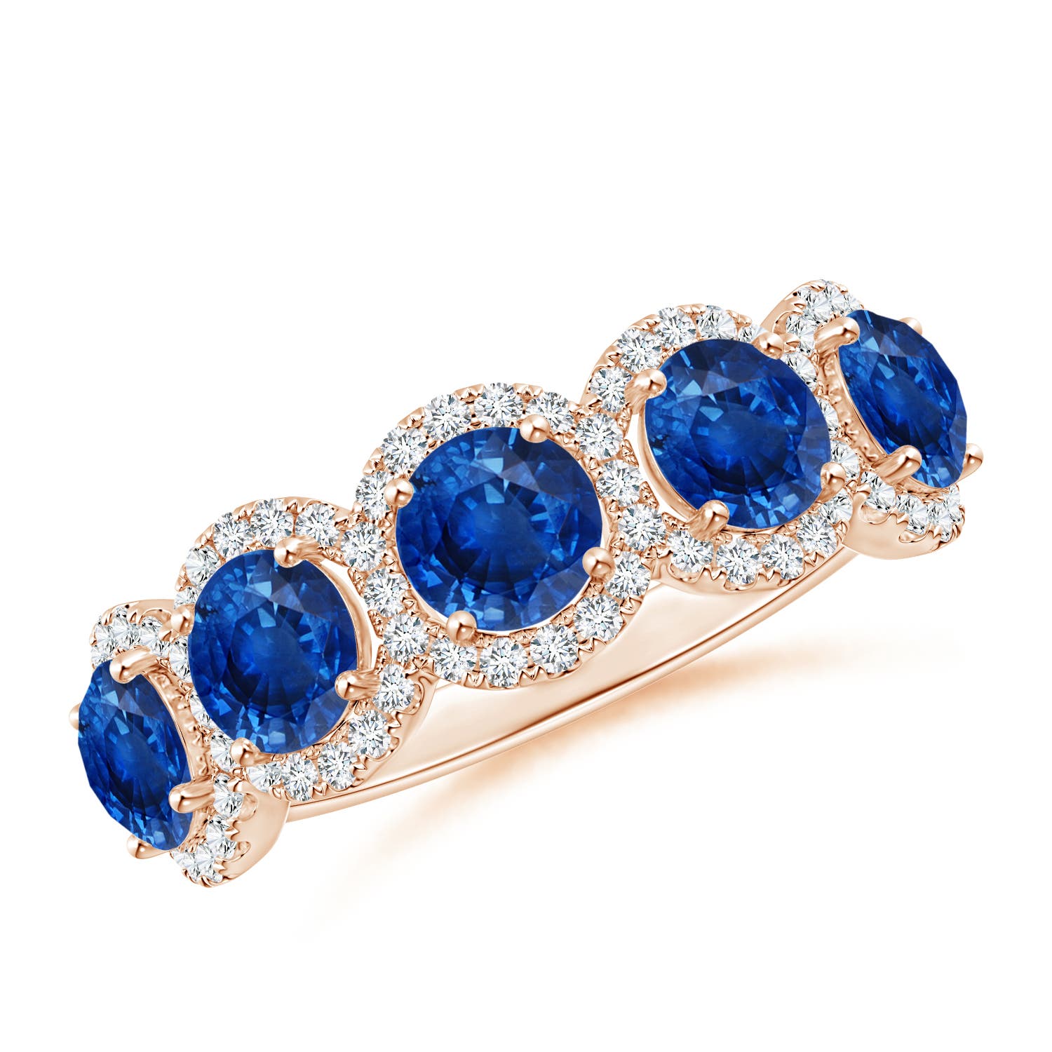 Angara 2.3 Carats Half Eternity Five-Stone Sapphire Halo Ring in 18K Rose Gold