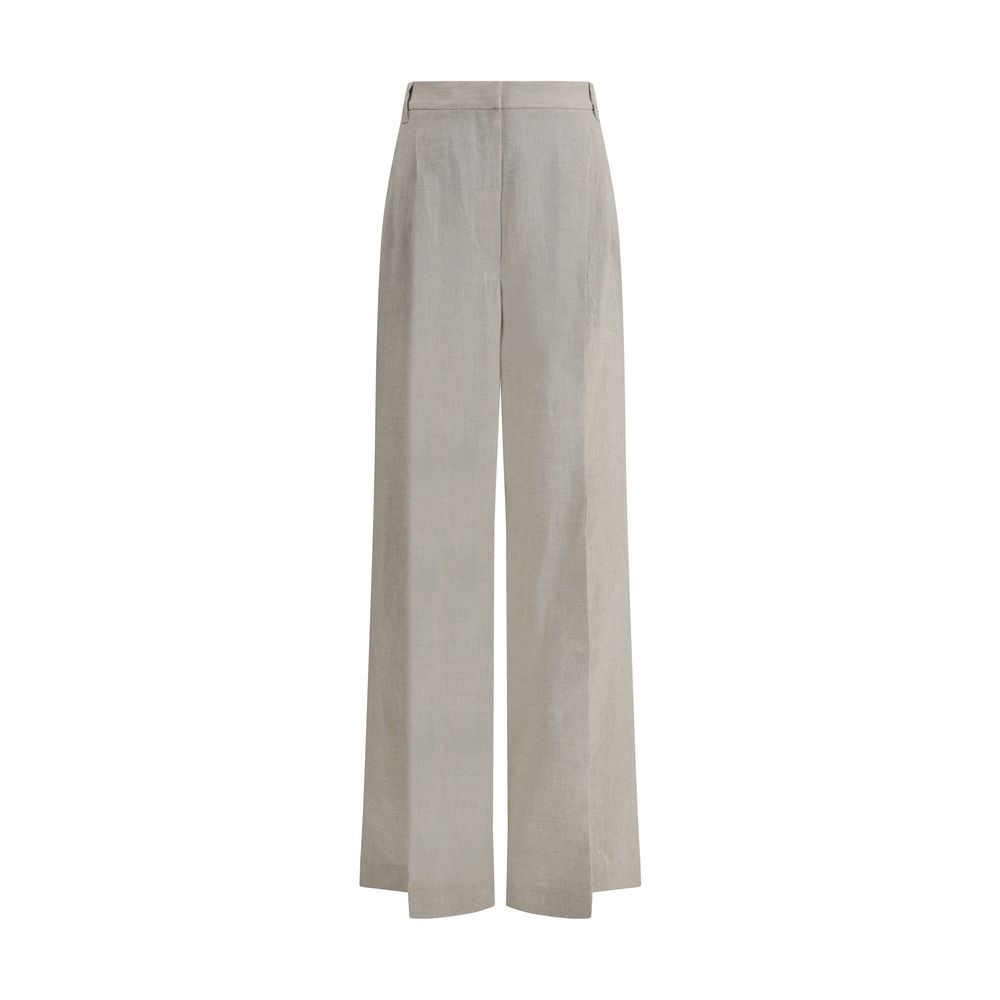 Lamé-Embellished Linen Trousers — Beige