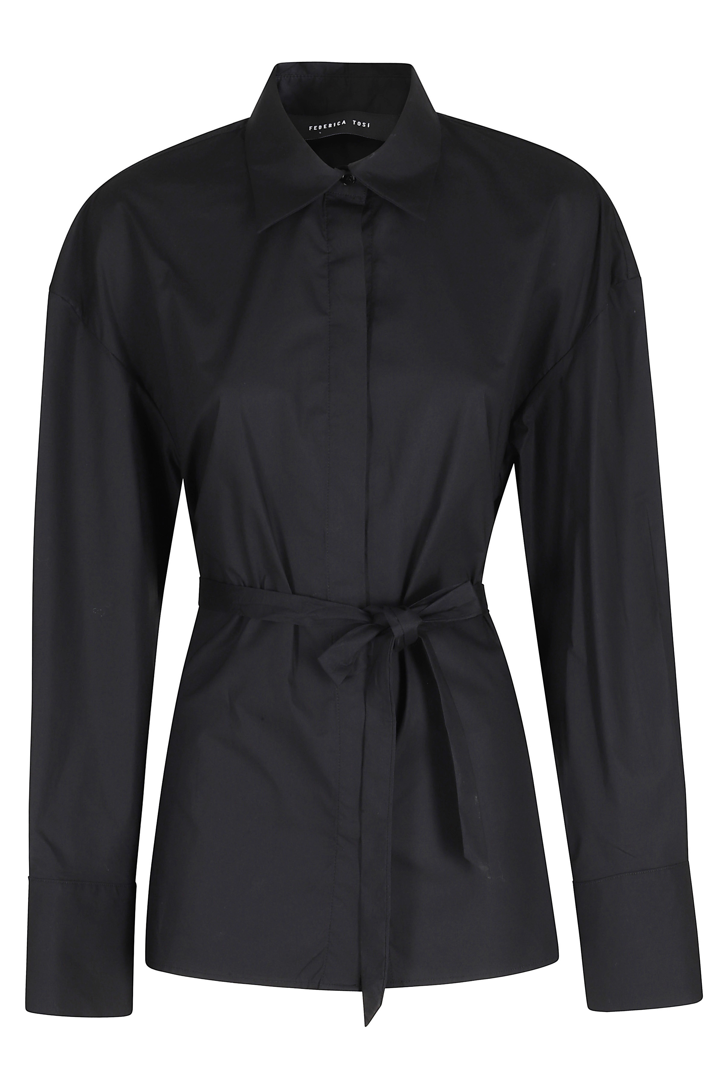 Camicia Cropped In Popeline Con Cintura Black Cotton Elastan - Women