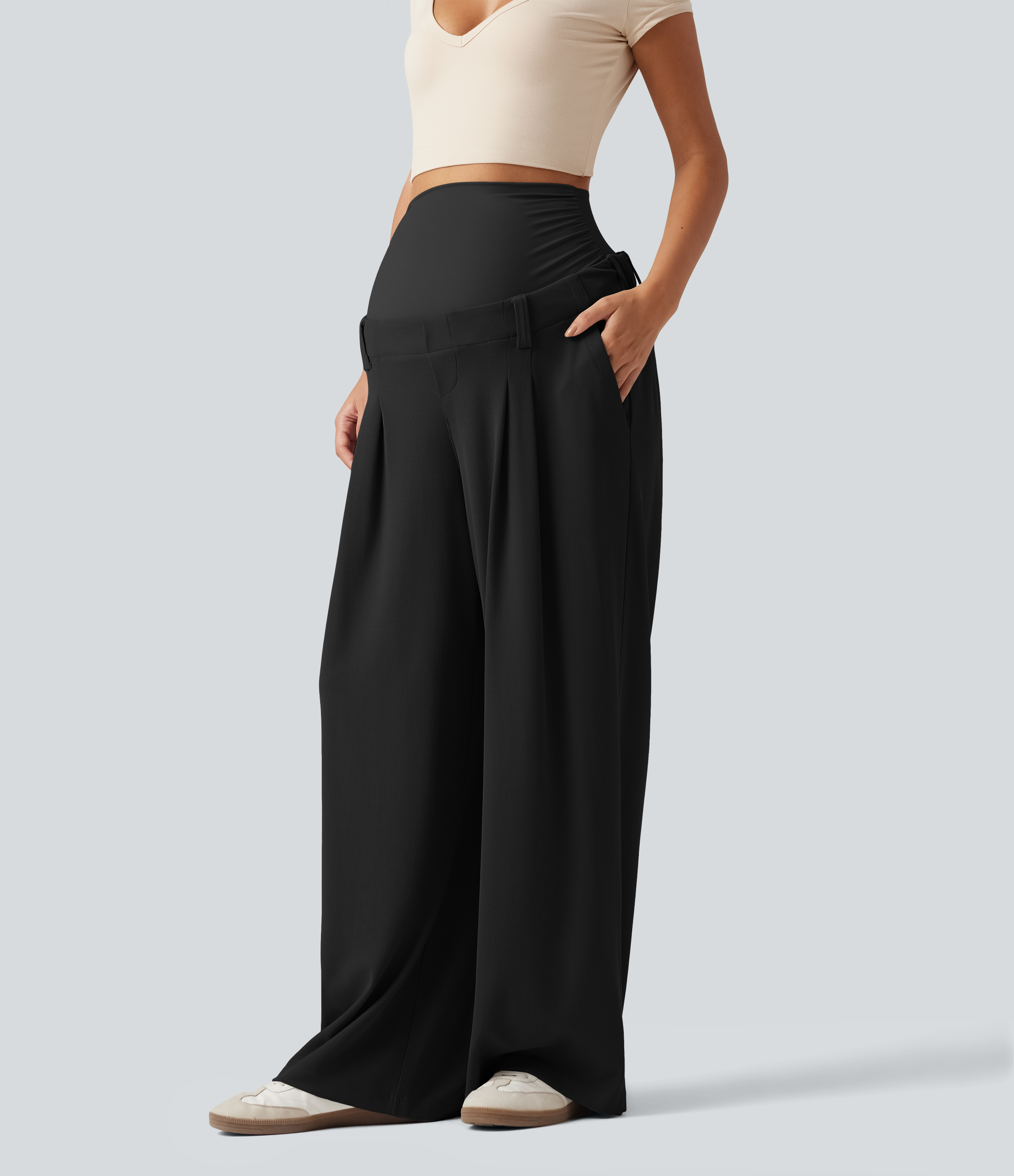 Halara Halara Flex™ Super High Waisted Wide Leg Waffle Maternity Work Trousers with Pockets - Black - XLregular