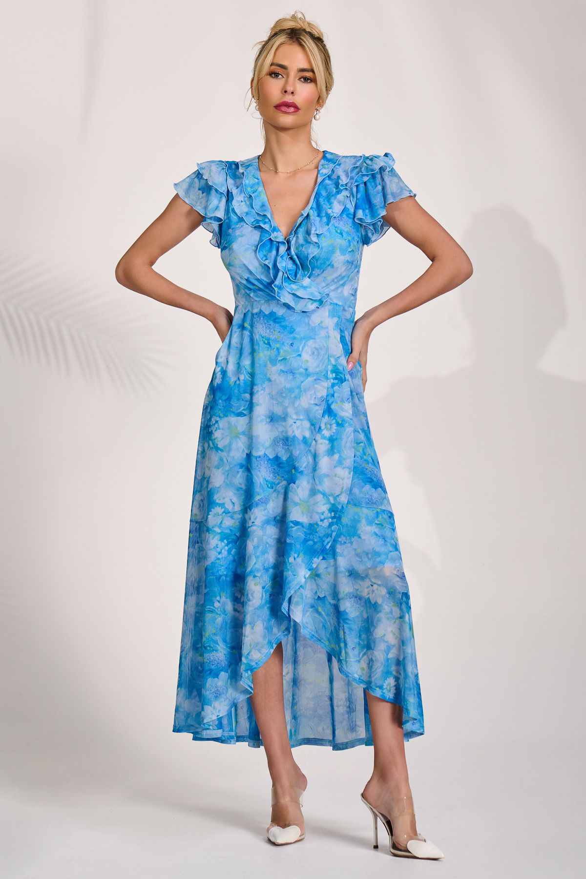 Jolie Moi Women's Ruffled Mesh Maxi Dress in Blue