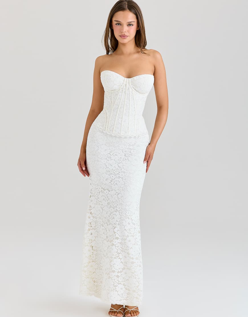 Solaine ivory lace corset maxi dress in ivory-White