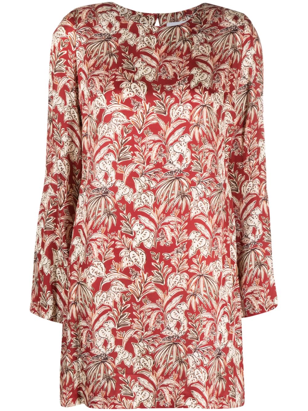 Leaf-print long-sleeve dress - Red