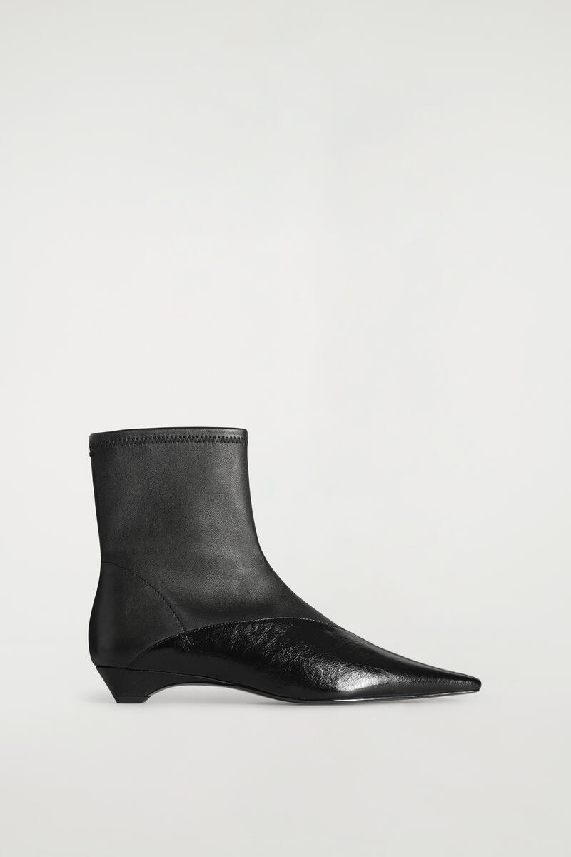 Paneled Pointed Leather Wedge Ankle Boots