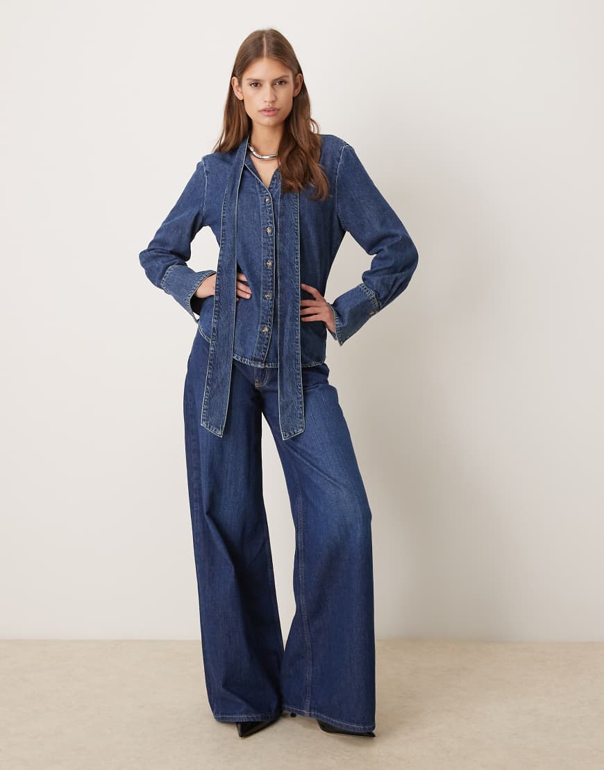 Msngo 100% cotton denim shirt with tie neck in blue