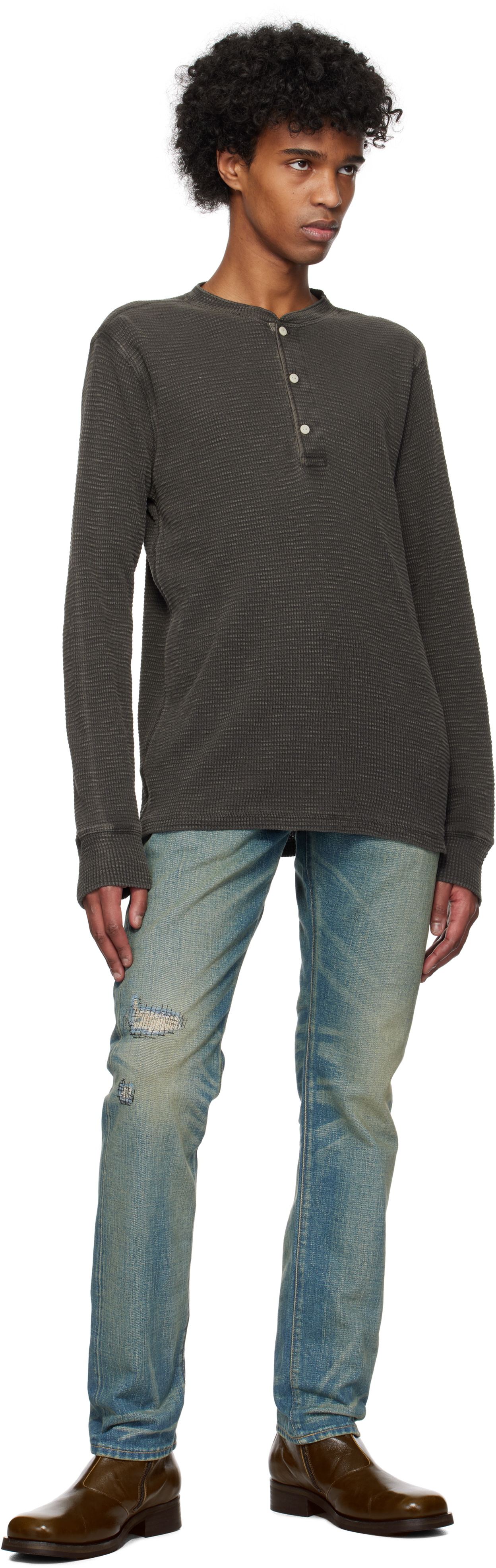 RRL Black Waffle-Knit Henley
