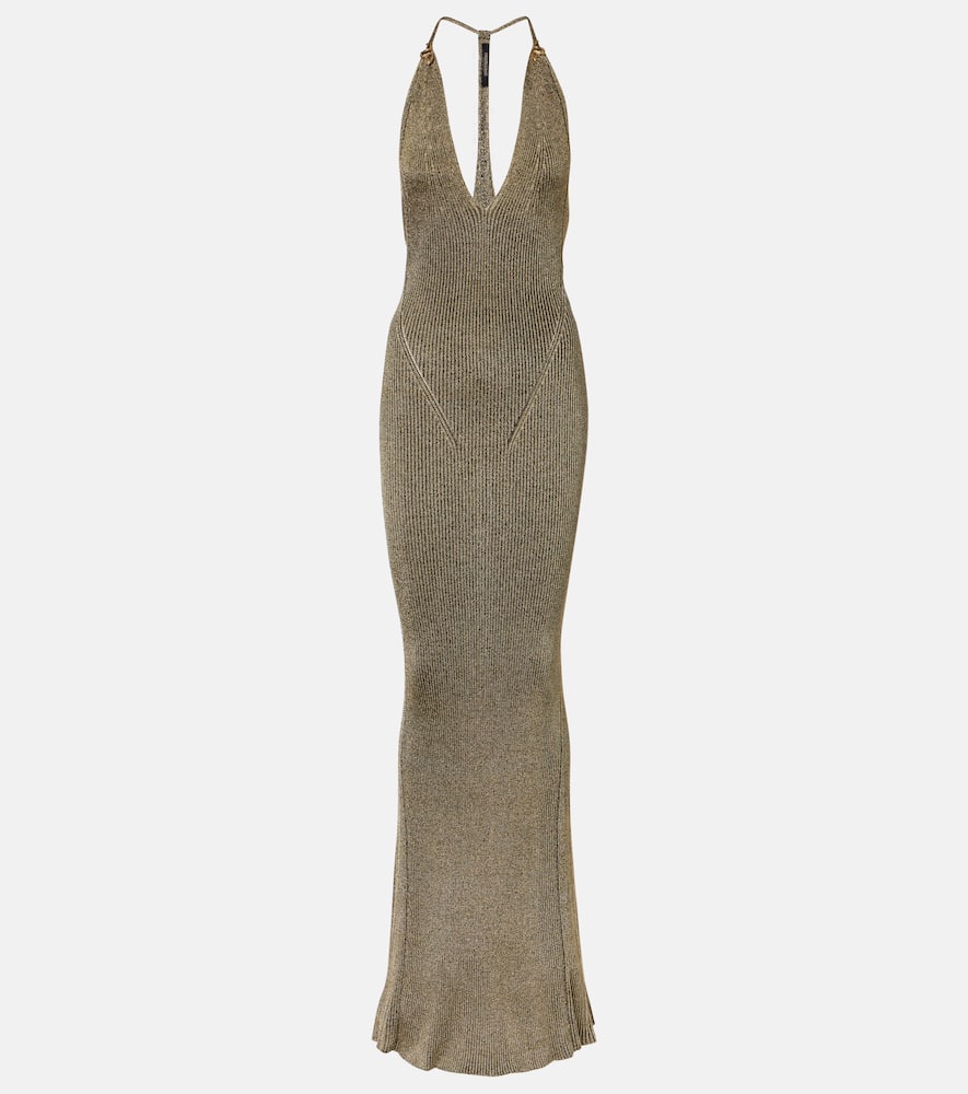 Ribbed-knit lamé maxi dress