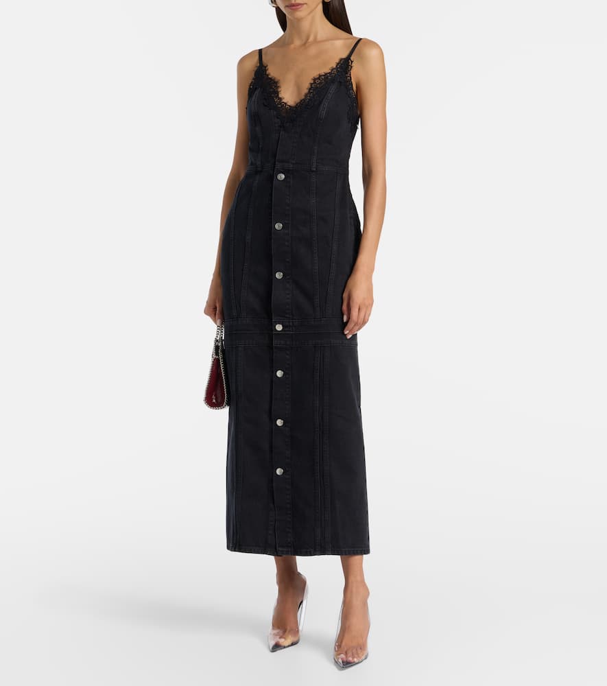 Lace-trimmed denim maxi dress