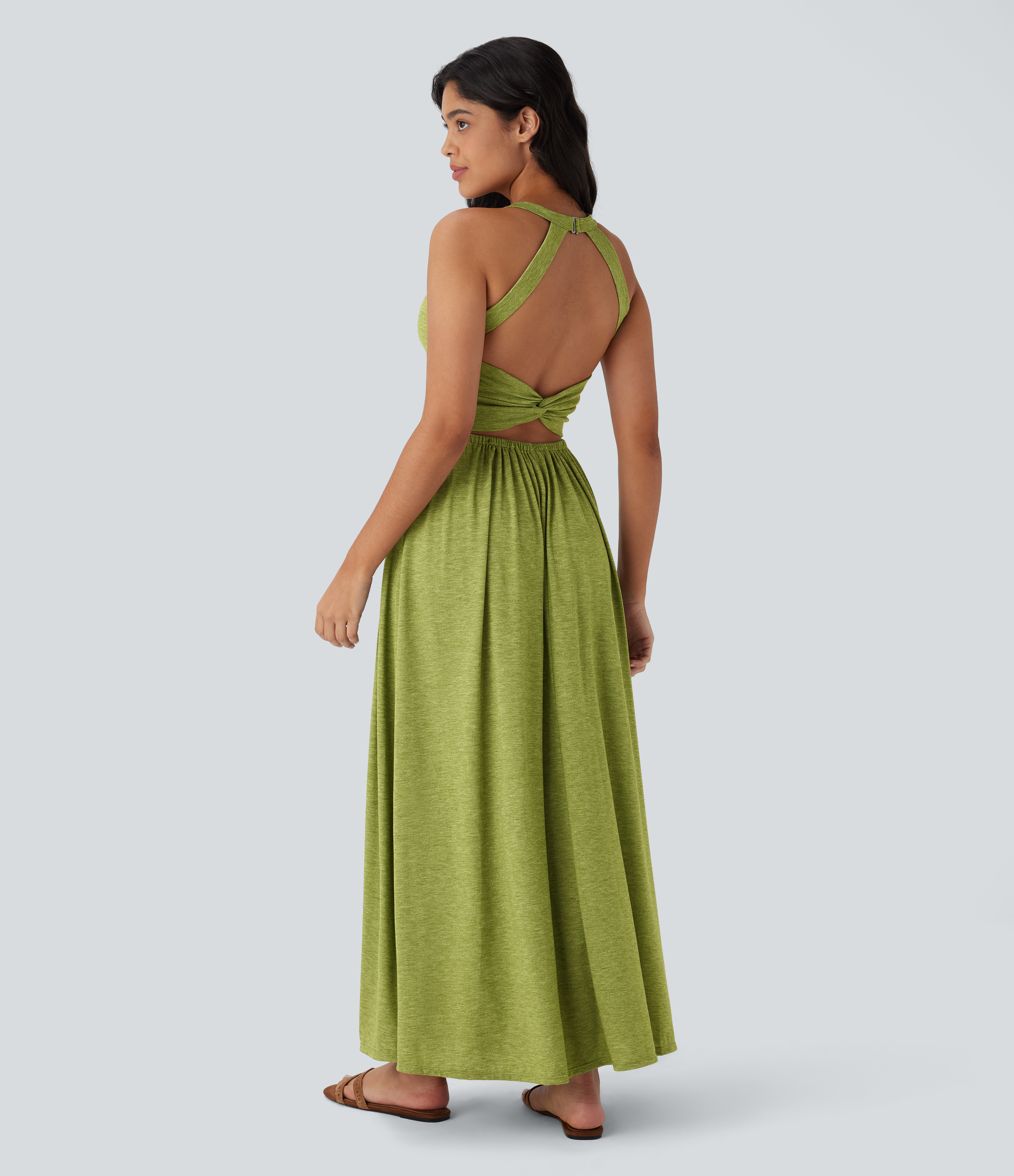 Twisted Backless Split Flowy Maxi Resort Dress with Pockets Casual Dress - Soft Meadow Green