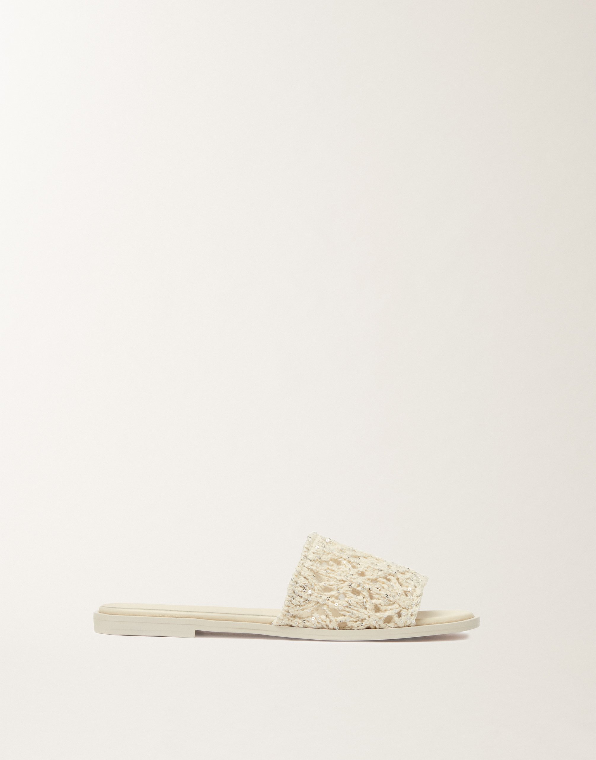 Flat sandal in cotton ribbon with sequins, butter