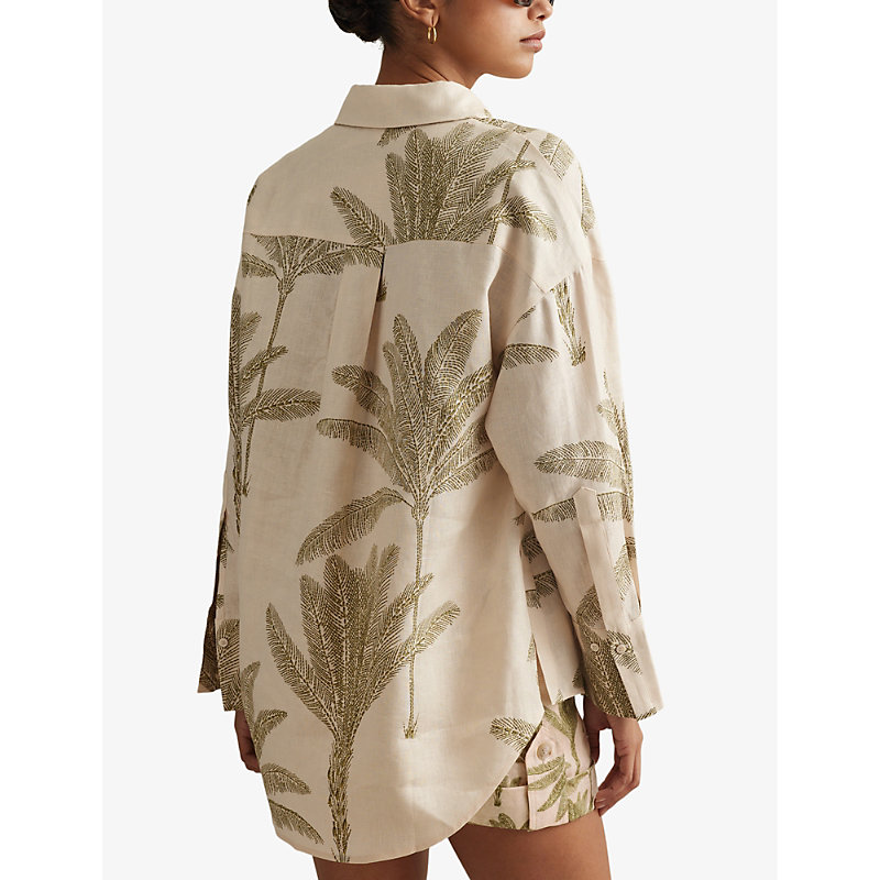 Womens Neutral Oskia Palm Tree-print Linen Shirt