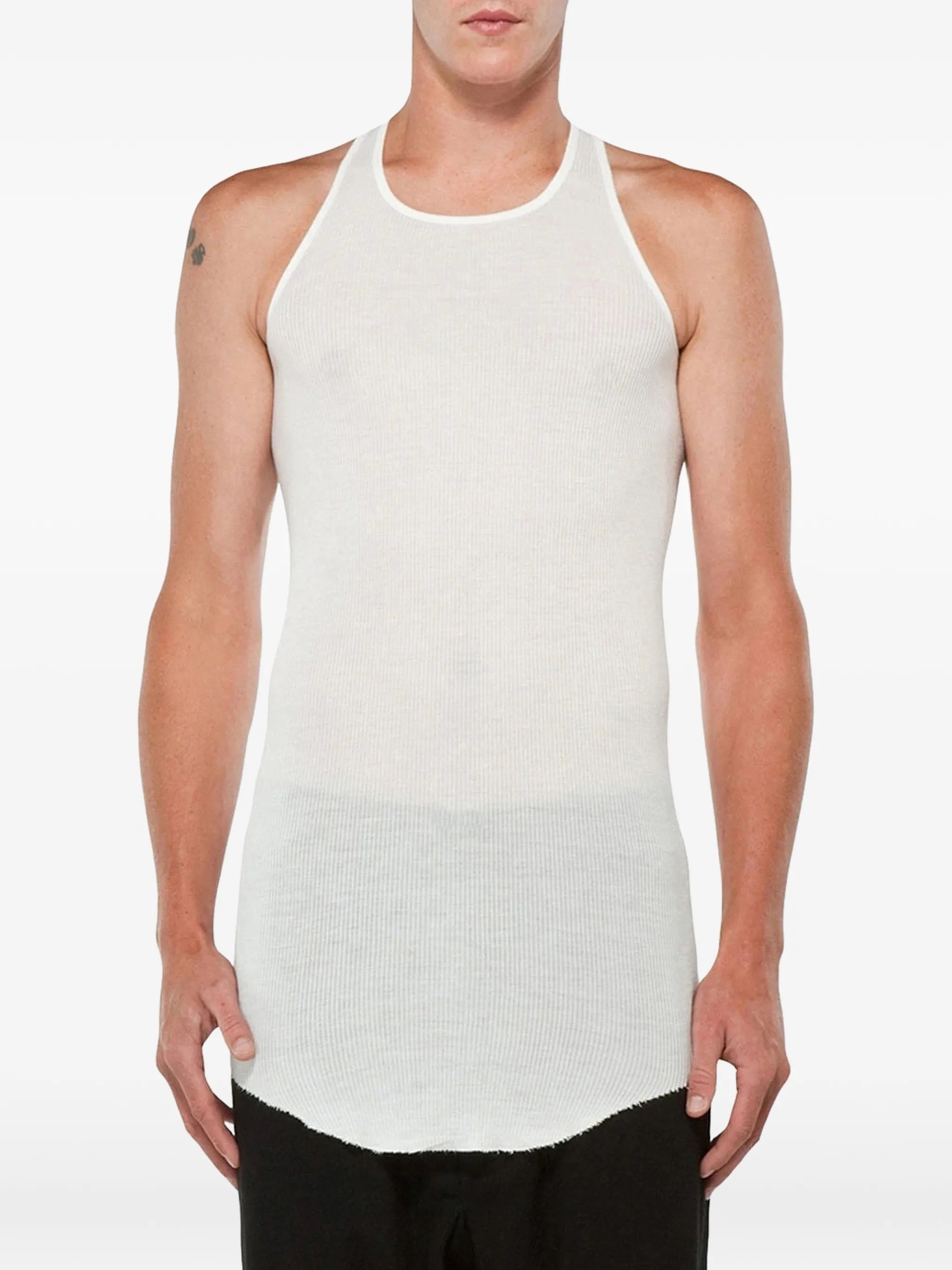 Ribbed Semi-Sheer Sleeveless Tank with Curved Hem