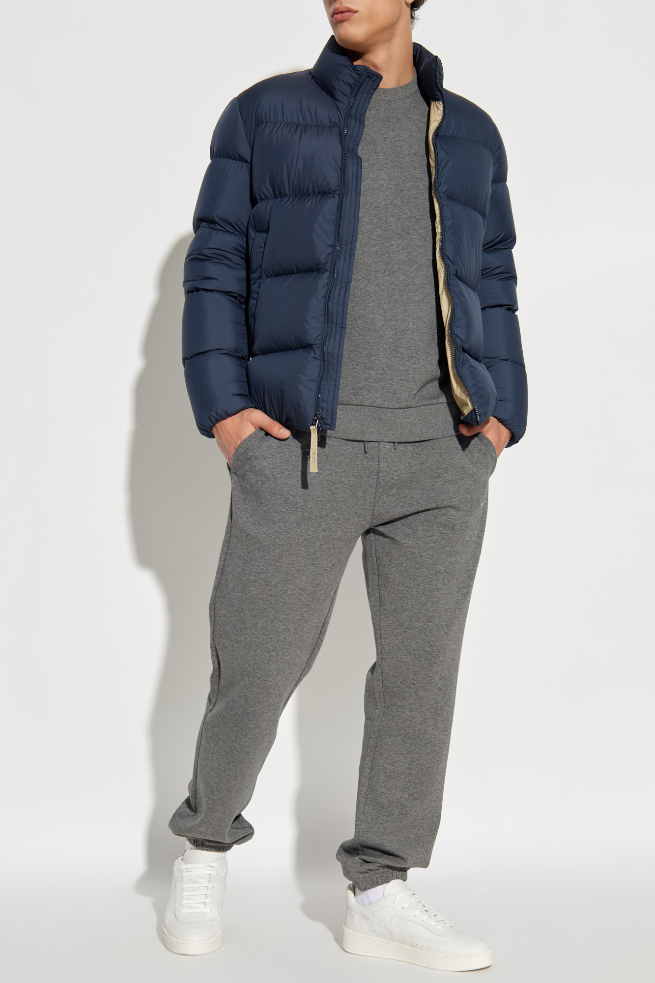 Down Jacket With Stand-up Collar, Men's, Navy Blue