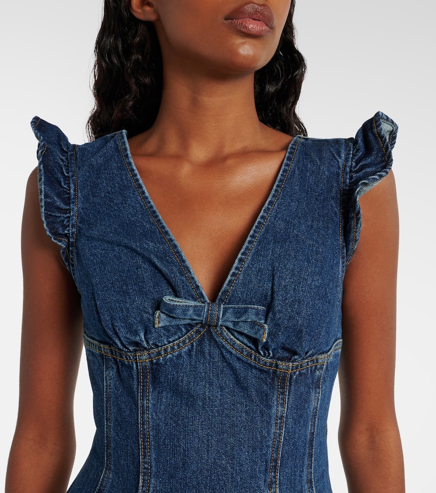Bow-detail ruffled denim minidress