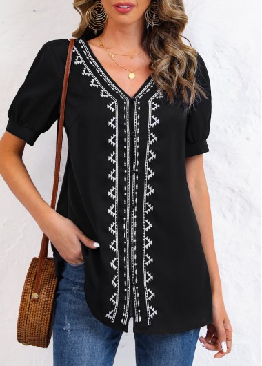Modlily Black Embroidery Tribal Print Long Sleeve V Neck Blouse