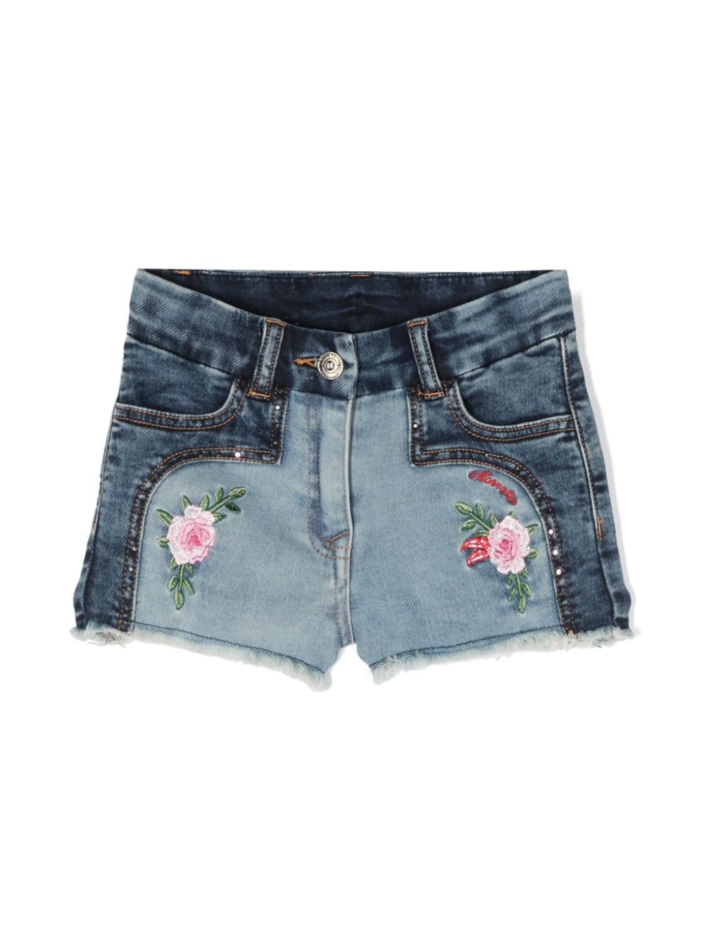 Floral-embroidered denim shorts - Blue