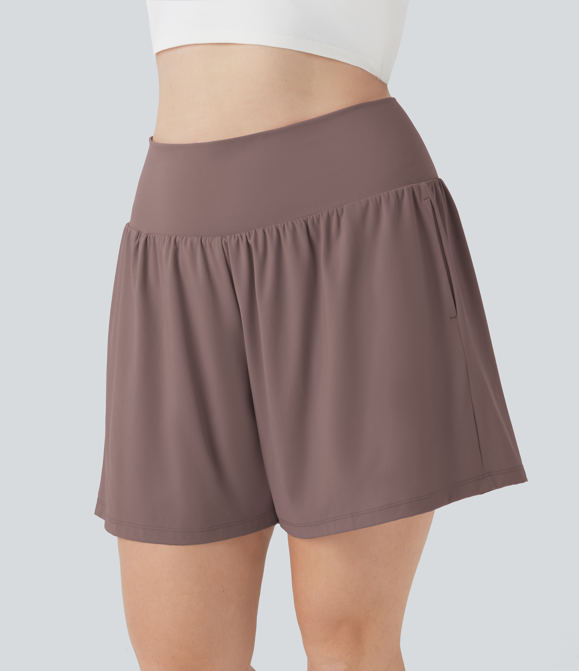 "SoftlyZero™ Airy Super High Waisted 2-in-1 Cool Touch Yoga Plus Size Shorts 7"" with Pockets Gym Short - Deep Tea Brown
