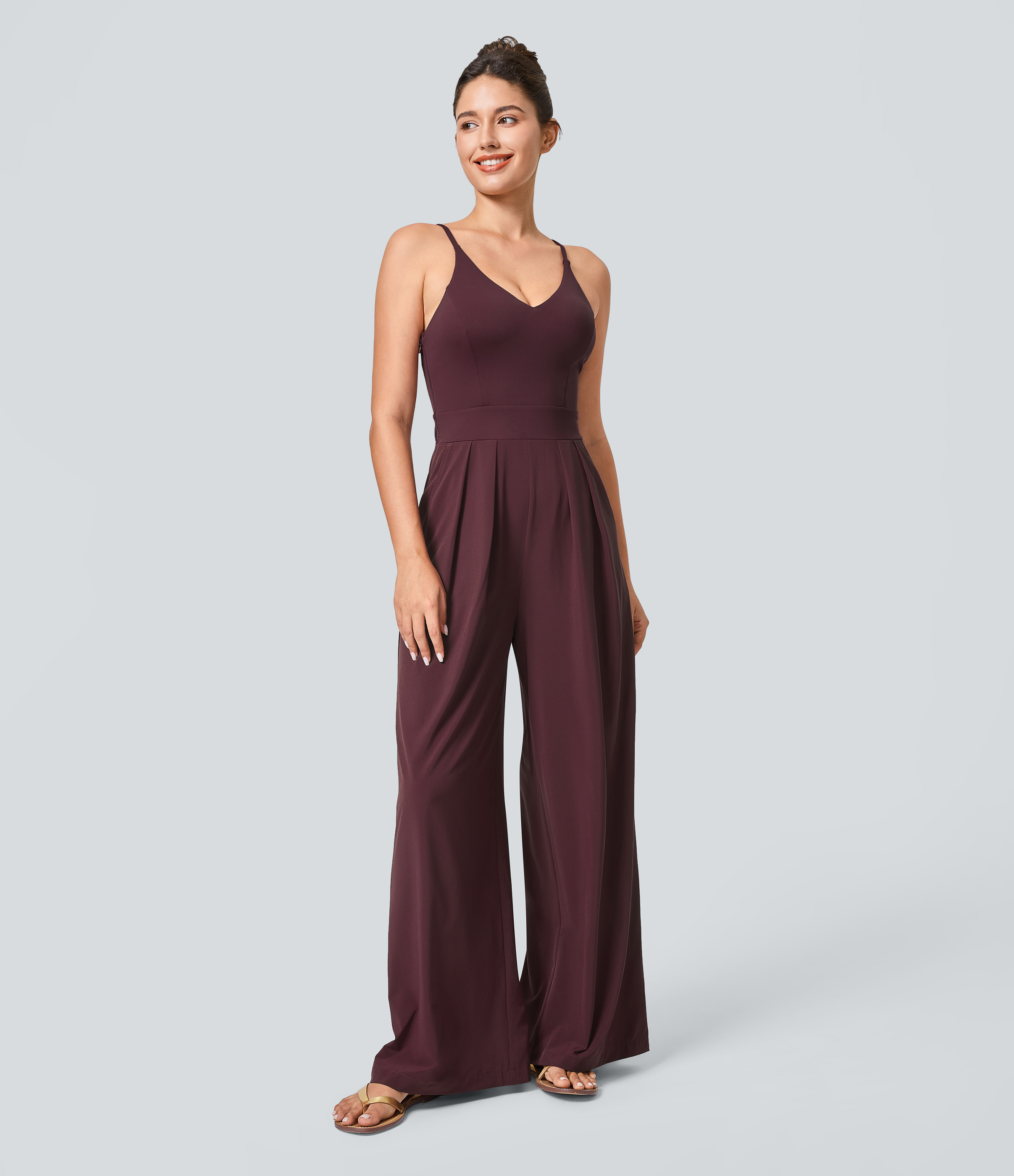 Breezeful™ Backless Side Invisible Zipper Pocket Wide Leg Quick Dry Resort Slip Jumpsuit  - Amaranth