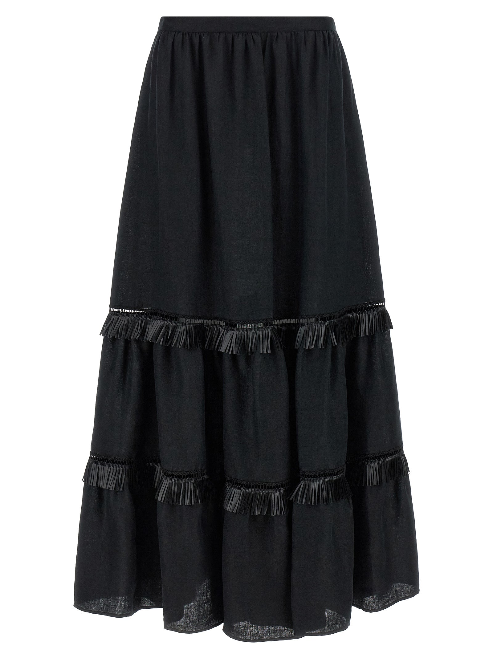 Linen with Fringed Inserts Skirt — Black