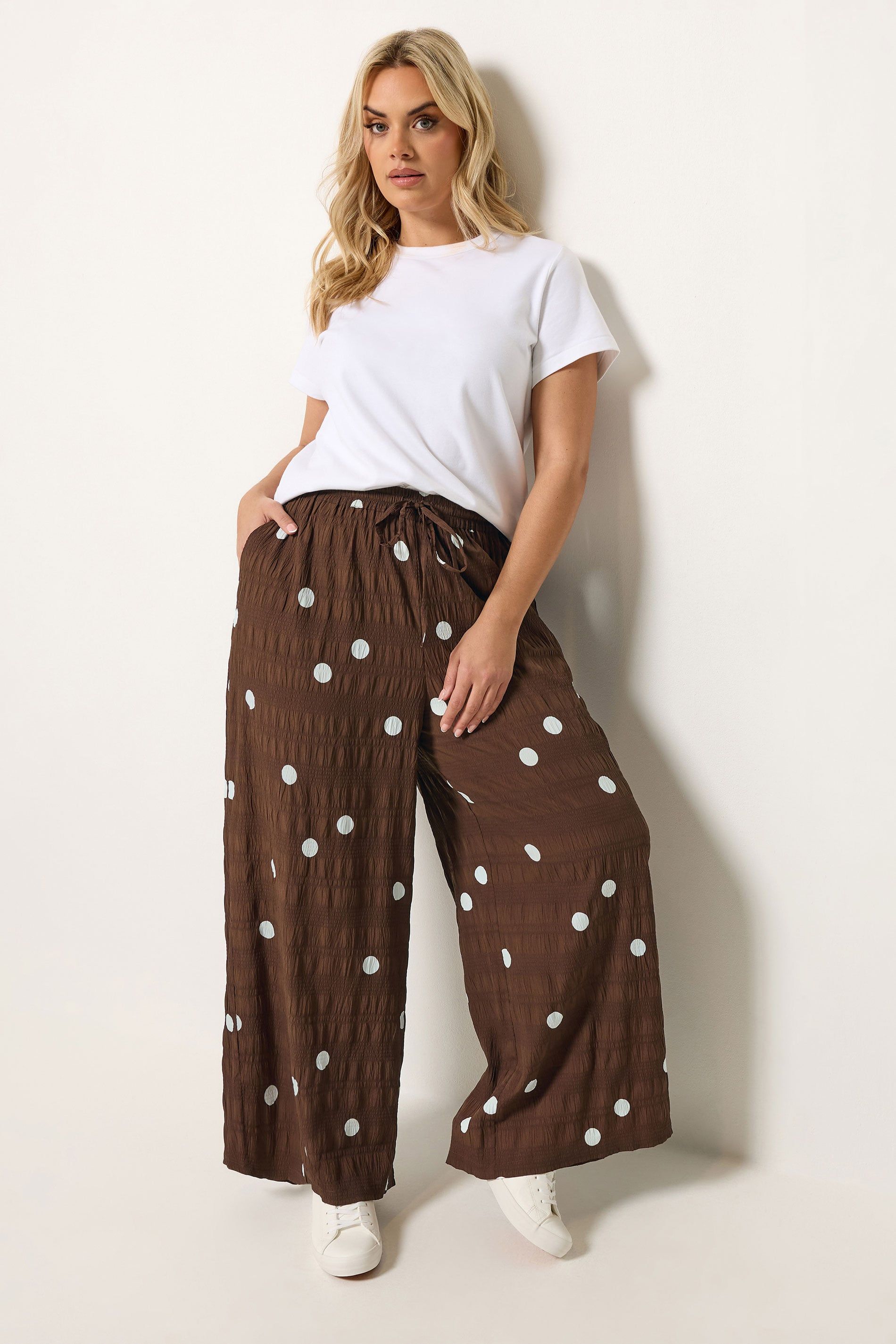 Yours Polka Dot Wide Leg Trousers In Chocolate