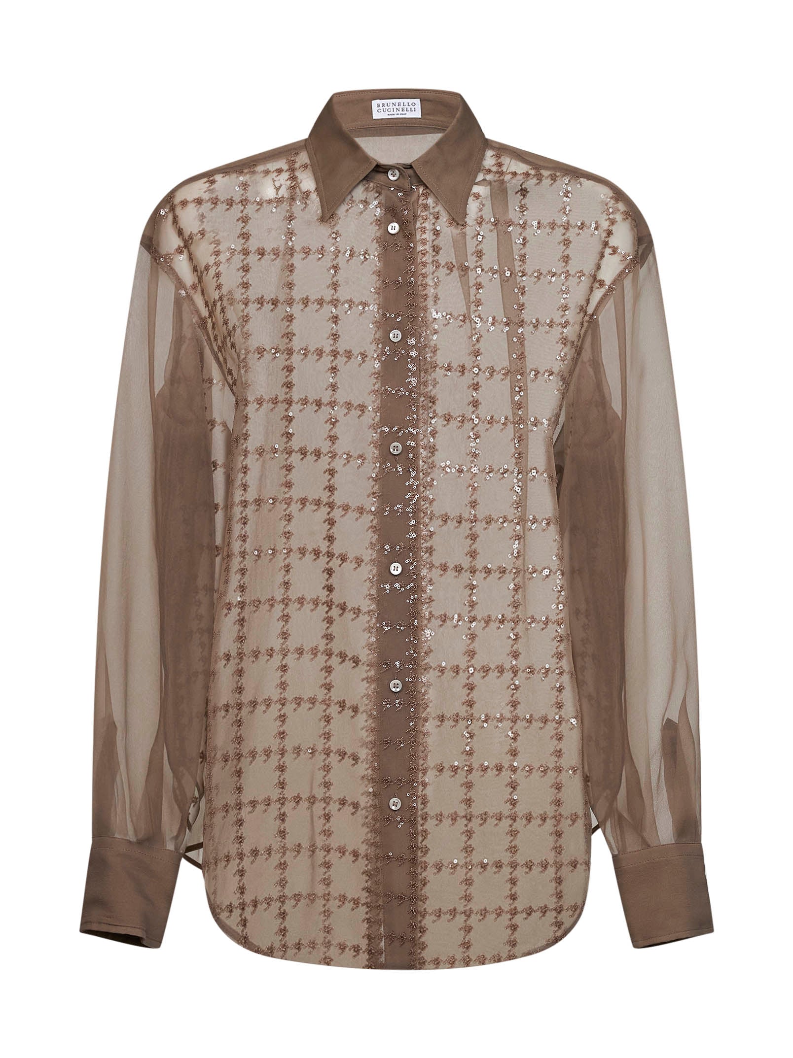 Silk Georgette Sequin-Embroidered Shirt — Brown