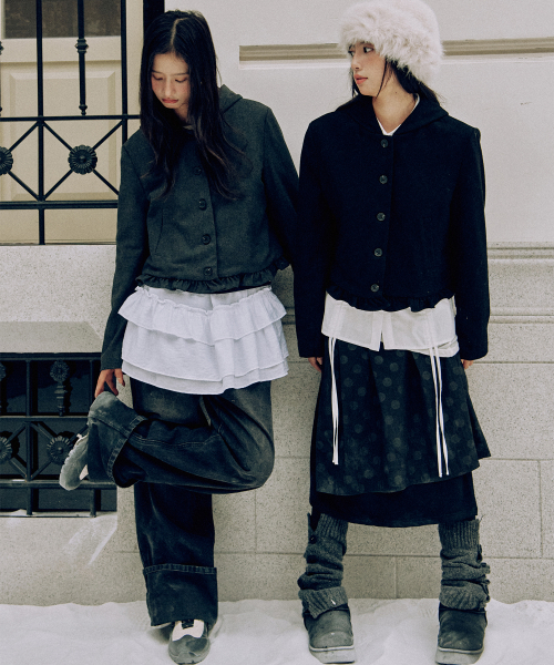 Frill Classic Women's Check Color Block Single Button Hooded Short Coat Jacket _2COLOR