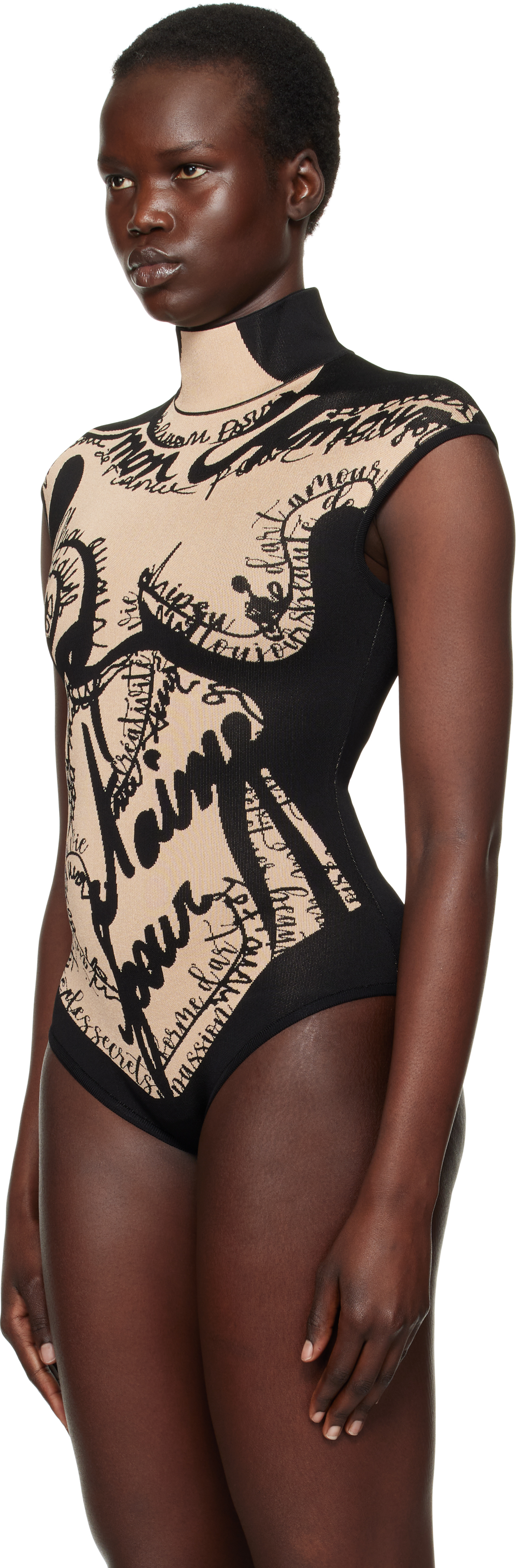 Balmain Black & Beige Jacquard Knit Torso Motif Bodysuit