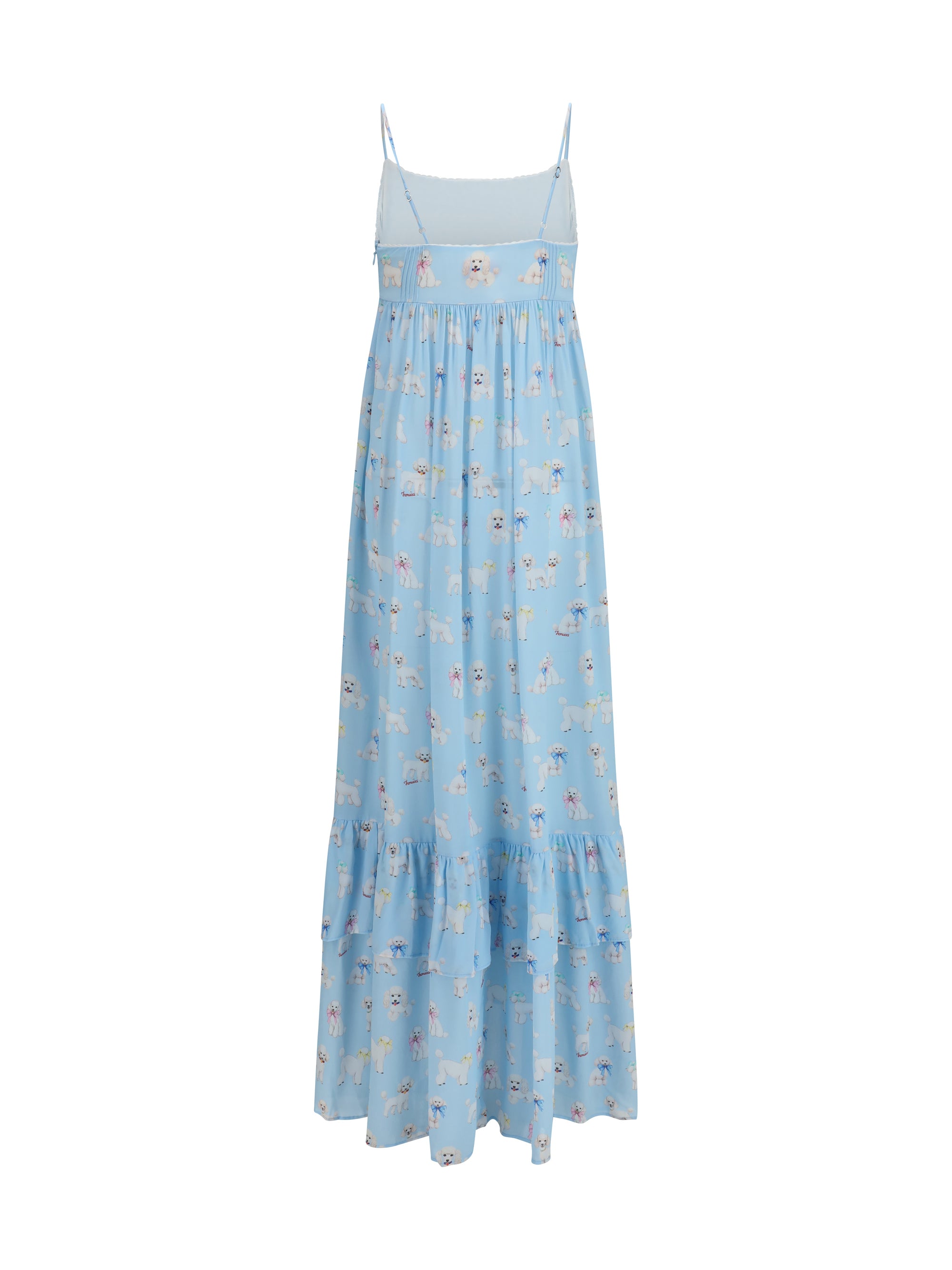 Poodle-Print Tiered Maxi Dress — Blue