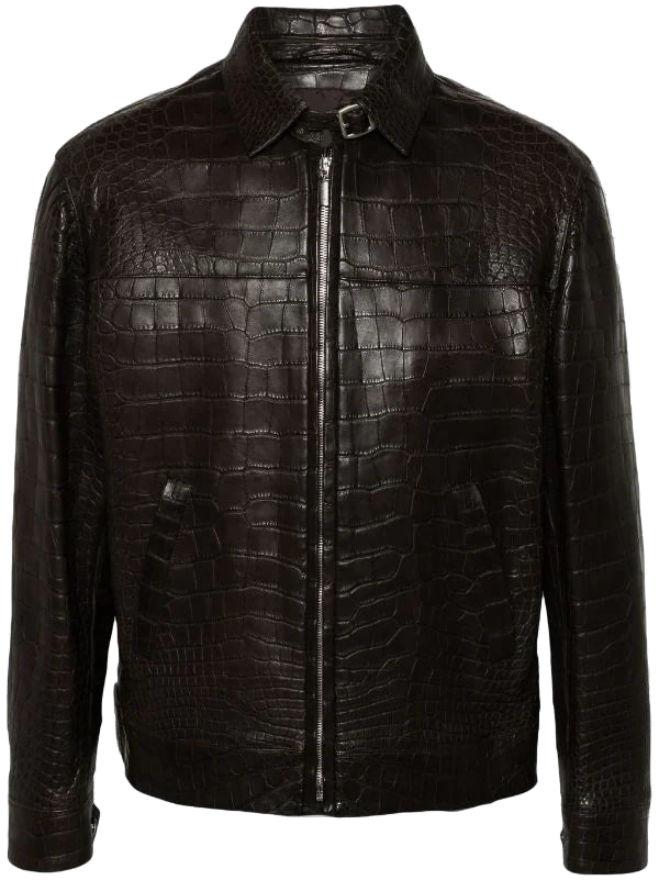 Lizard-Embossed Calf Leather Jacket — Black