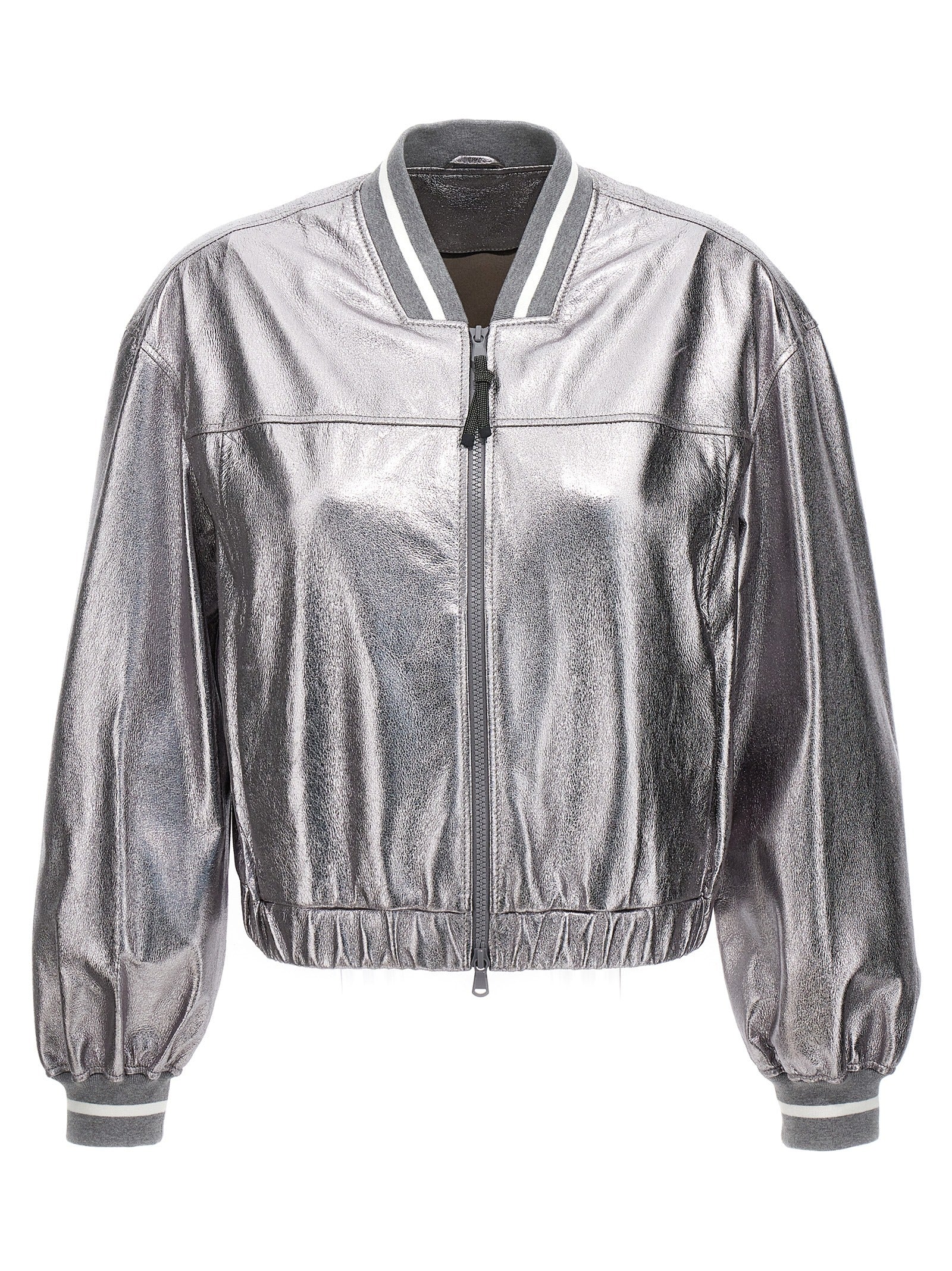 Laminated Leather Bomber Jacket — Silver